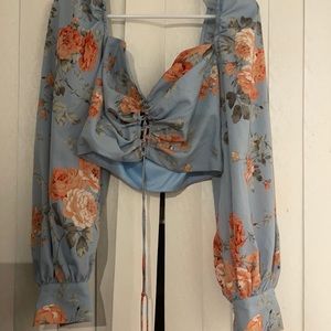 Blue floral print front lace up cro top